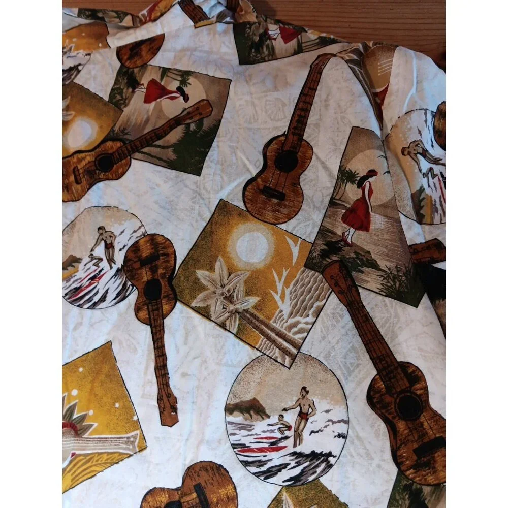 Vintage Hilo Hattie Womens L Hawaiian Aloha Shirt Button Up Ukulele Surf Ocean - Picture 6 of 6